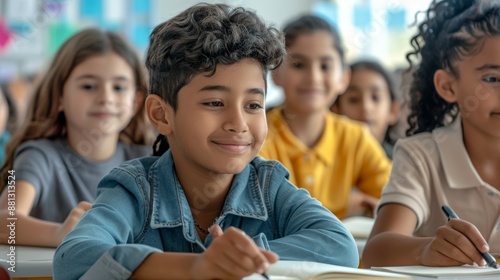 A boy with curly hair is smiling at the camera