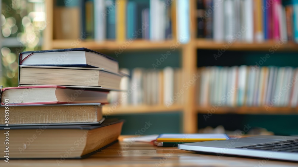 A stack of books on a table in front of a laptop A stack of books on a table in front of a laptop