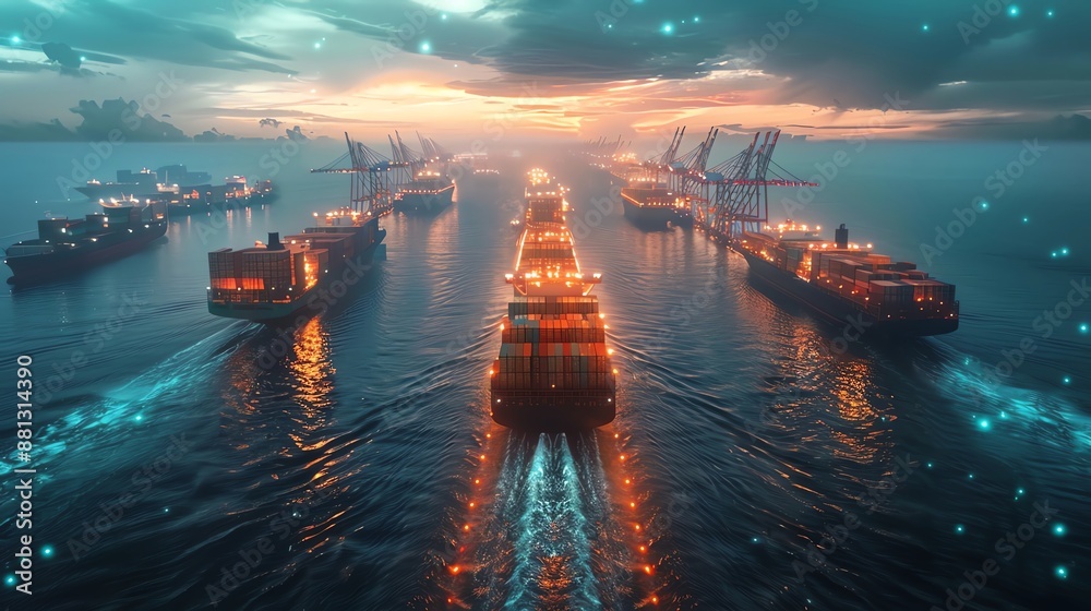 A line of cargo ships sailing on a calm sea at sunset. A line of cargo ships sailing on a calm sea at sunset.