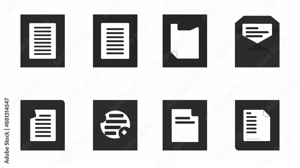 Collection of eight simple black document icons on a white background, representing different document forms such as paper sheets, envelopes, and folders, in a minimalistic style. Collection of eight simple black document icons on a white background, representing different document forms such as paper sheets, envelopes, and folders, in a minimalistic style.