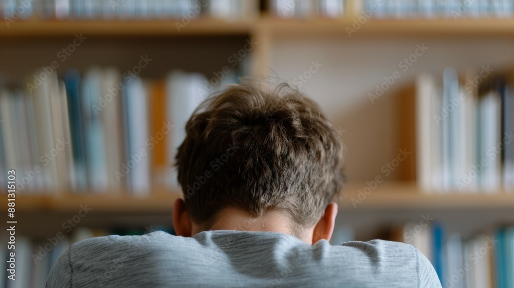 A young man is sitting at a desk with his head down A young man is sitting at a desk with his head down