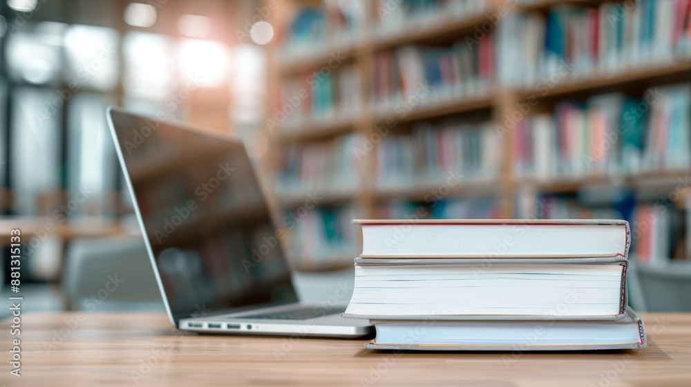 A stack of books sits on a table next to a laptop A stack of books sits on a table next to a laptop