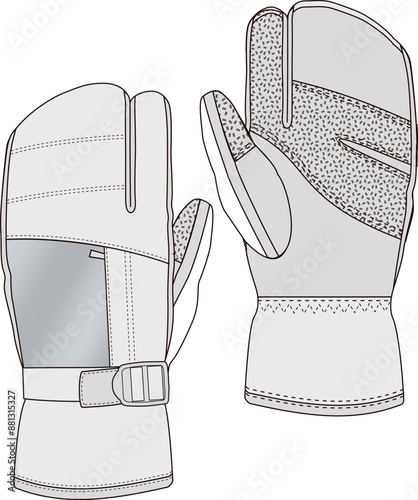 three finger mittens flat sketch vector illustration technical cad drawing winter accessory trigger mitt template