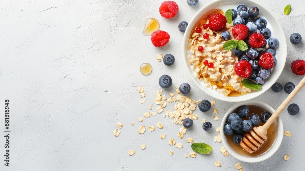 Oatmeal with berries honey and milk on a white table from above Healthy breakfast option Oatmeal with berries honey and milk on a white table from above Healthy breakfast option
