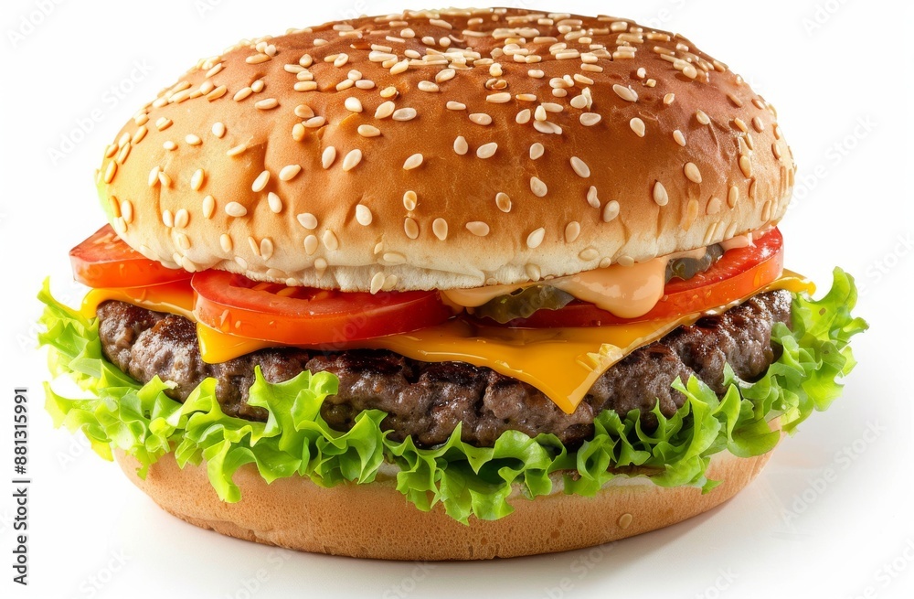 Close-up of a burger with fresh vegetables, herbs and spices on a white background, perfect for advertising a restaurant or fast food app Close-up of a burger with fresh vegetables, herbs and spices on a white background, perfect for advertising a restaurant or fast food app