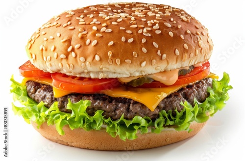 Close-up of a burger with fresh vegetables, herbs and spices on a white background, perfect for advertising a restaurant or fast food app