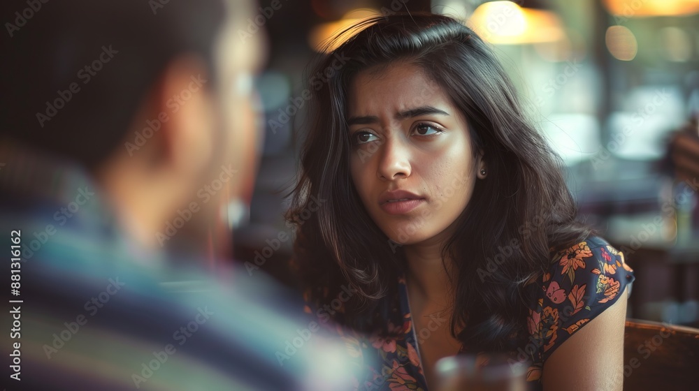 A woman wearing a floral patterned dress engages in a serious conversation with a man inside a dimly lit cafe, portraying a moment of intense and thoughtful dialogue. A woman wearing a floral patterned dress engages in a serious conversation with a man inside a dimly lit cafe, portraying a moment of intense and thoughtful dialogue.
