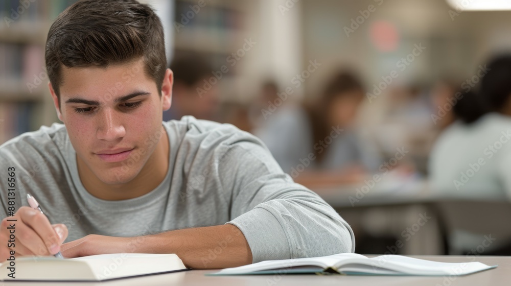 A young man is sitting at a table with a book and a pen A young man is sitting at a table with a book and a pen