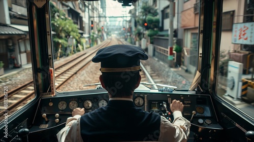 The train operator focuses on the railroad tracks ahead through an urban setting. The image illustrates the harmony between human efforts and technological advancements. photo