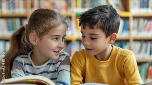 Two children are sitting together in a library, looking at a book