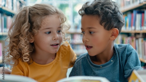 Two children are sitting together in a library, looking at a book