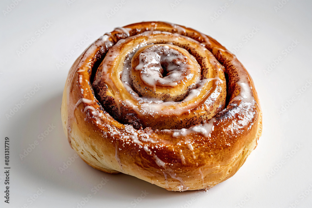 a cinnamon roll with icing on a white surface a cinnamon roll with icing on a white surface