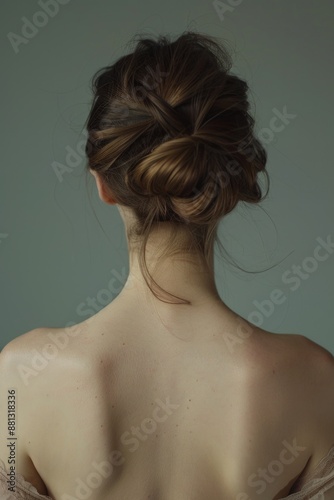 A close-up shot of a woman's head, showcasing her hairstyle and accessories