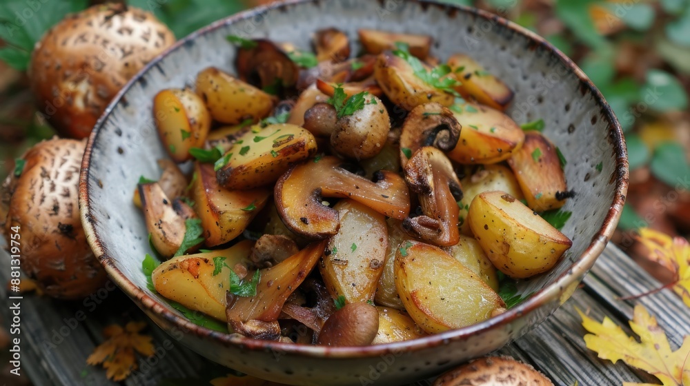Foraging for mushrooms leads to a delicious meal of crispy potatoes and sauteed mushrooms Foraging for mushrooms leads to a delicious meal of crispy potatoes and sauteed mushrooms