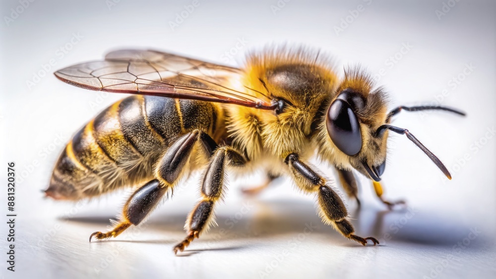 Isolated close-up of a single bee standing on a clean white background with subtle shadows and soft focused edges. Isolated close-up of a single bee standing on a clean white background with subtle shadows and soft focused edges.