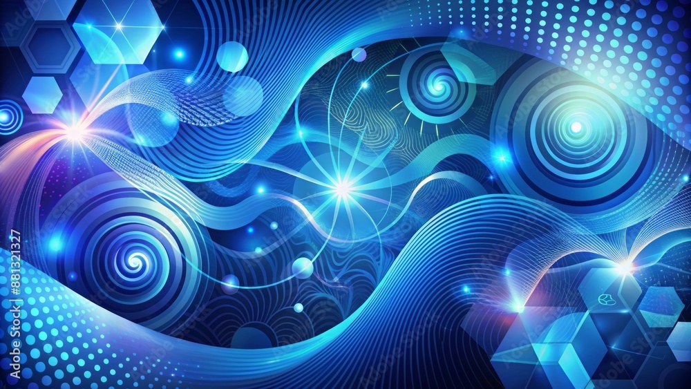 Vibrant blue abstract background features dynamic swirling shapes and geometric patterns in a mesmerizing digital vector illustration composition. Vibrant blue abstract background features dynamic swirling shapes and geometric patterns in a mesmerizing digital vector illustration composition.