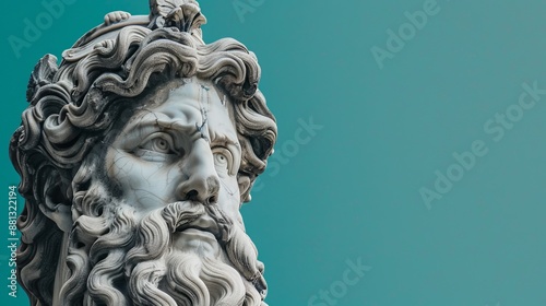 This image features a marble statue with intricate hair details set against a teal green background, capturing the artistry and elegance of classic sculpture.