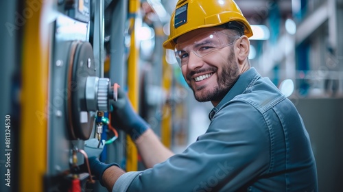 Smiling electrician at work photo