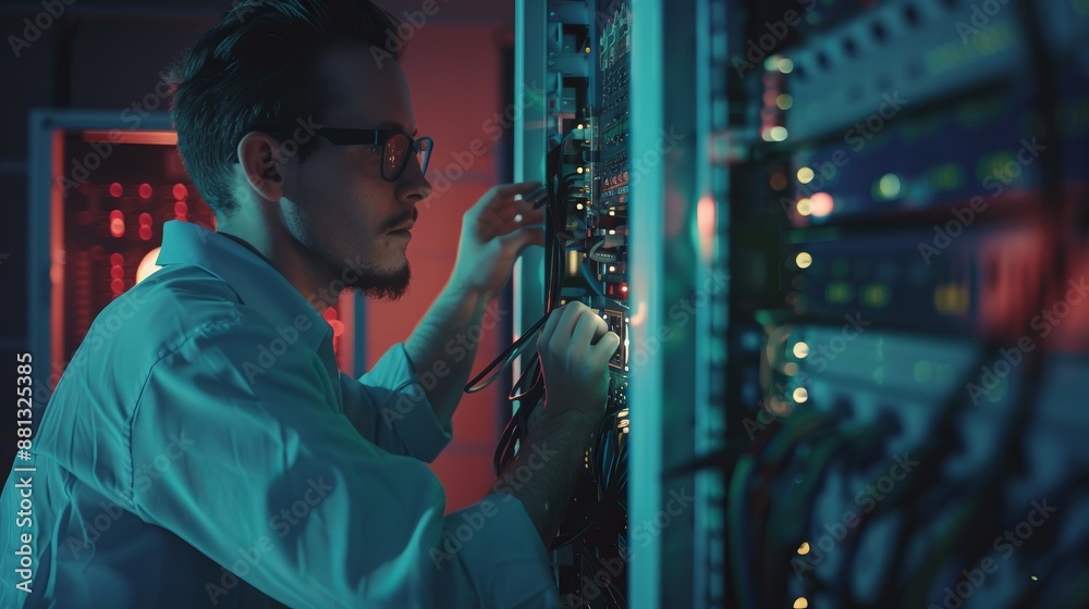 An engineer is meticulously adjusting connections within a server, illuminated by various lights, emphasizing the critical task of network maintenance and configuration. An engineer is meticulously adjusting connections within a server, illuminated by various lights, emphasizing the critical task of network maintenance and configuration.