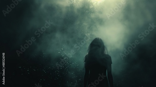 A mysterious figure of a woman stands in a dark, misty, and foggy environment, creating an eerie and haunting atmosphere that captures the viewer's imagination.