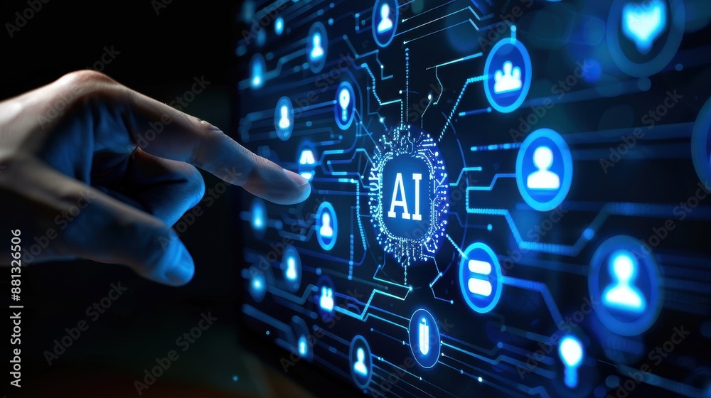 Hands interacting with a sophisticated touch screen full of icons, illustrating advances in touch screen technology Hands interacting with a sophisticated touch screen full of icons, illustrating advances in touch screen technology