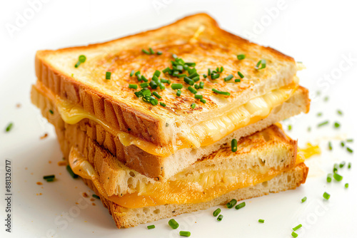 a close up of a sandwich with cheese and chives