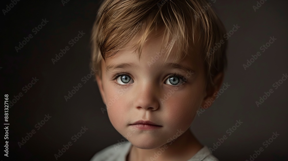 A close-up portrait of a young boy with a serious expression and striking big eyes, captured in a low-light setting, emphasizing his innocence and features. A close-up portrait of a young boy with a serious expression and striking big eyes, captured in a low-light setting, emphasizing his innocence and features.