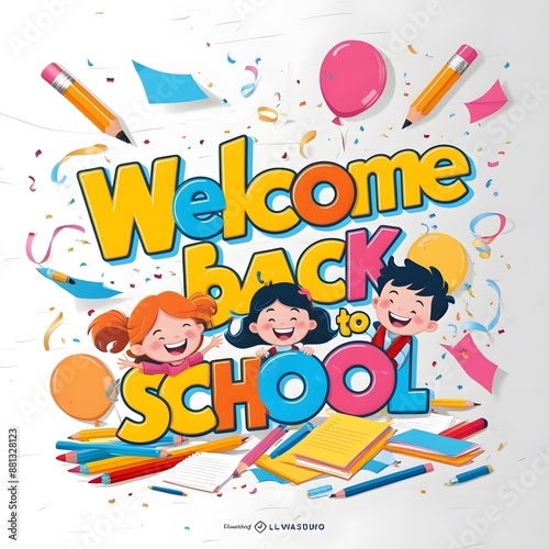 Welcome Back to School in a fun, handwritten style, with a cheerful boy and girl running towards each other for a hug. Add playful elements like flying paper planes, notebooks, and crayons.