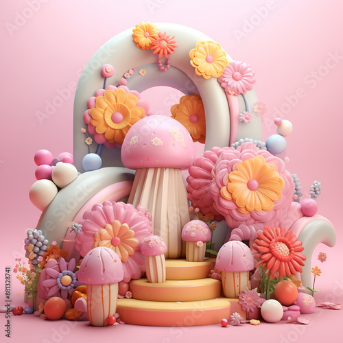 The Whimsical Candy Land Podium Display with Sweet and Colorful Presentation Platform. Ideal for promoting confectionery products, children's events, whimsical marketing campaigns, and themed parties. photo