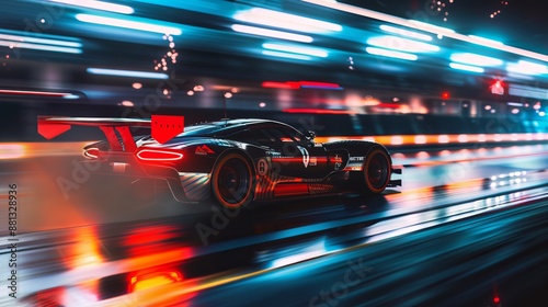 A sleek black race car captured in an urban setting, enhanced by neon lights and reflections, demonstrating speed, power, and the electrifying atmosphere of night races.