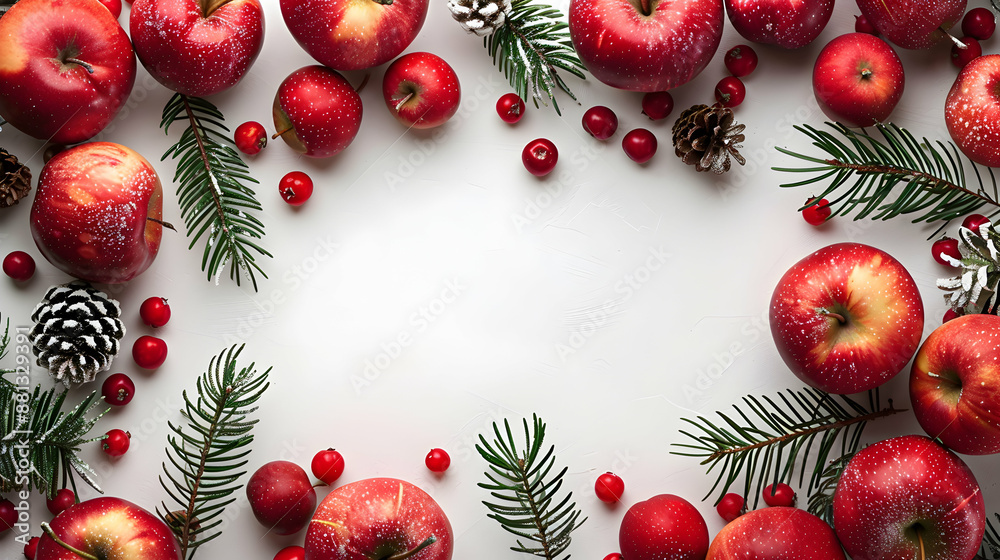 3D Flat Icon Festive Border Frame with Apples and Pine Needles for Thanksgiving Decor | Copy Space | Isolated on White Background 3D Flat Icon Festive Border Frame with Apples and Pine Needles for Thanksgiving Decor | Copy Space | Isolated on White Background