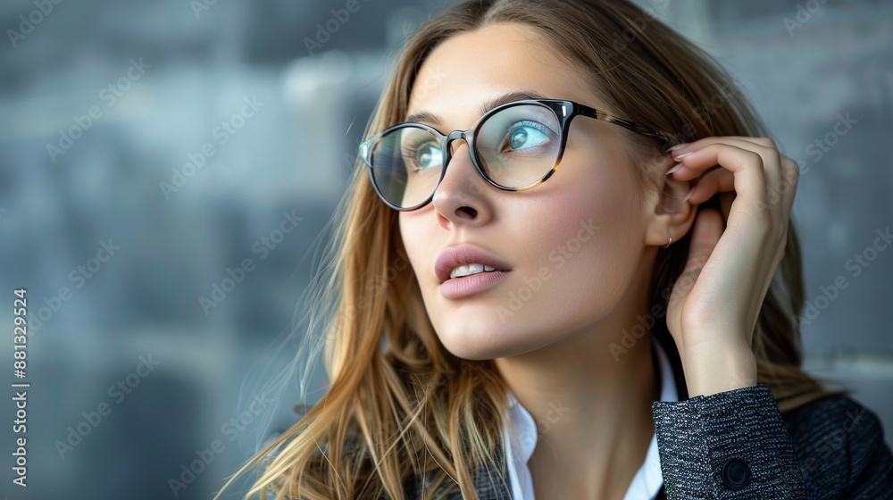 A close-up of a woman with glasses gazing away, set against an urban backdrop. Her thoughtful expression is captured with a sharp focus and a blurred background. A close-up of a woman with glasses gazing away, set against an urban backdrop. Her thoughtful expression is captured with a sharp focus and a blurred background.