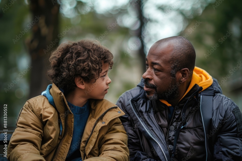 Obraz premium A man sits next to a young boy on a bench, a moment of companionship and connection