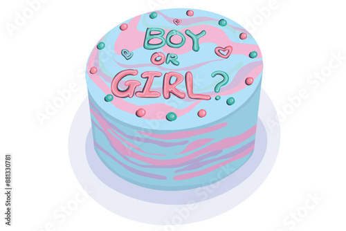 Gender reveal cake in flat vector style. Hand drawn vector illustration of blue and pink Cake. Design for revealing the child's gender. Boy or girl?
