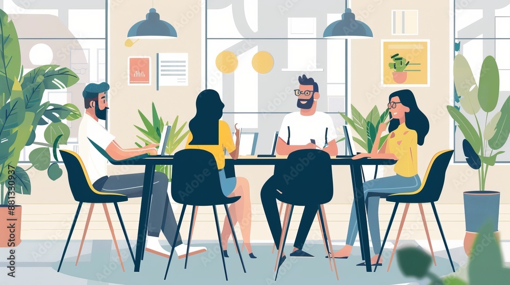 A diverse group of people are engaged in a meeting around a table in a modern coworking space filled with natural light and indoor plants, facilitating teamwork and collaboration.