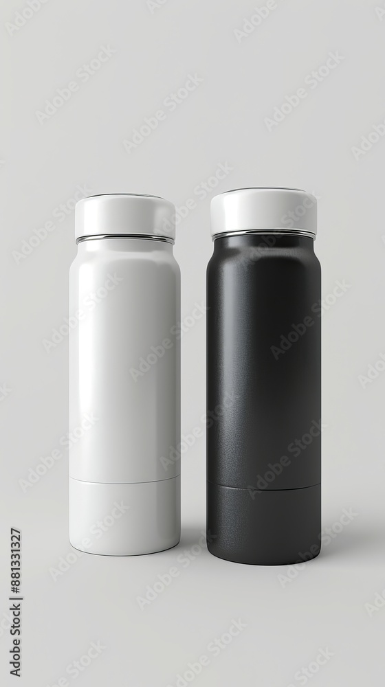 White Gray and Black Thermos Bottles. Aluminium Thermos Bottle on White Background. 3d rendering mockup White Gray and Black Thermos Bottles. Aluminium Thermos Bottle on White Background. 3d rendering mockup