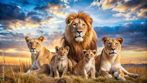 Majestic lion, lioness and adorable lion cubs posing together in a stunning savannah landscape under a vibrant blue sky.