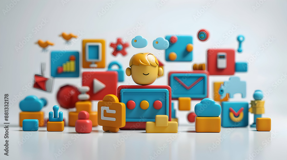 Blended Individual with Camera and AR Icons: 3D Flat Icon Symbolizing AR Marketing, Copy Space Included Blended Individual with Camera and AR Icons: 3D Flat Icon Symbolizing AR Marketing, Copy Space Included