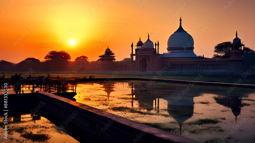 Obraz premium Agra's treasure! The Taj Mahal glows like a pearl under a starry night