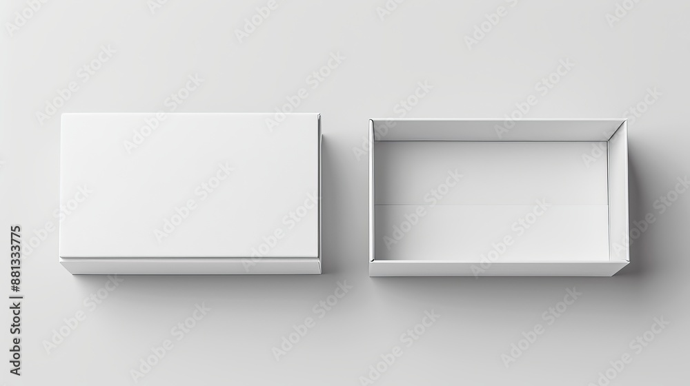 White opened and closed rectangle folding gift box mock up on white background. View above White opened and closed rectangle folding gift box mock up on white background. View above