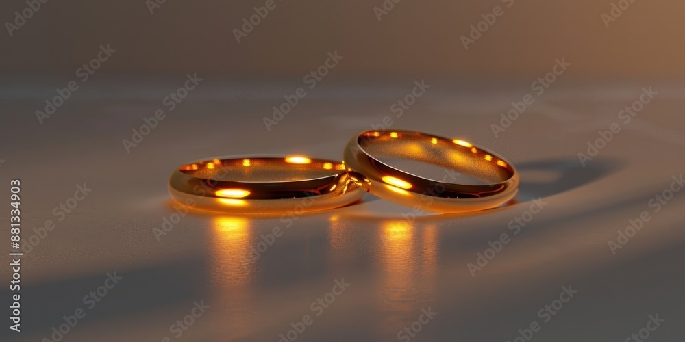 A pair of golden rings placed on a flat surface A pair of golden rings placed on a flat surface