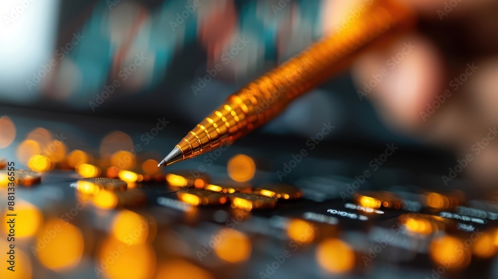 A detailed close-up of a golden pen making contact with an illuminated surface, creating a bokeh effect with orange and golden light reflections, symbolizing creativity and focus.
