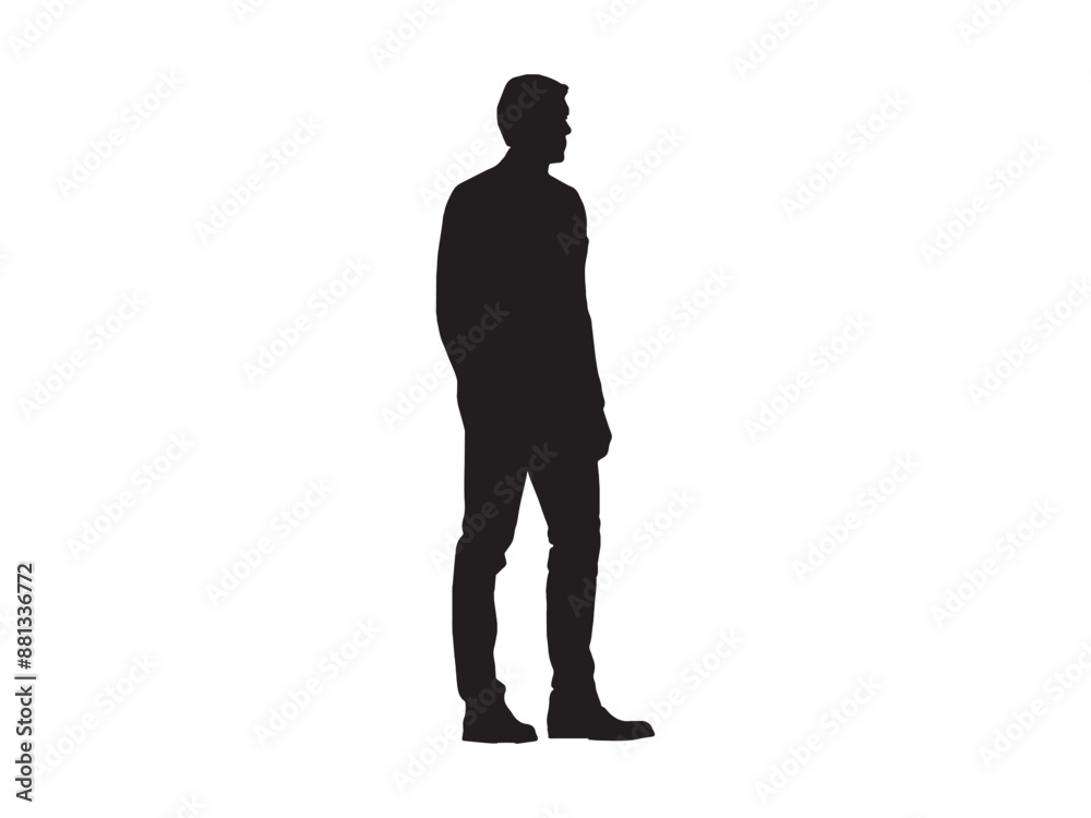 Man in jacket standing with hand in his pocket, side view, isolated vector silhouette
Man in jacket standing with hand in his pocket, side view, isolated vector silhouette