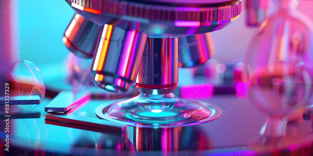 Microscópio com reflexões coloridas das lentes Microscópio com reflexões coloridas das lentes