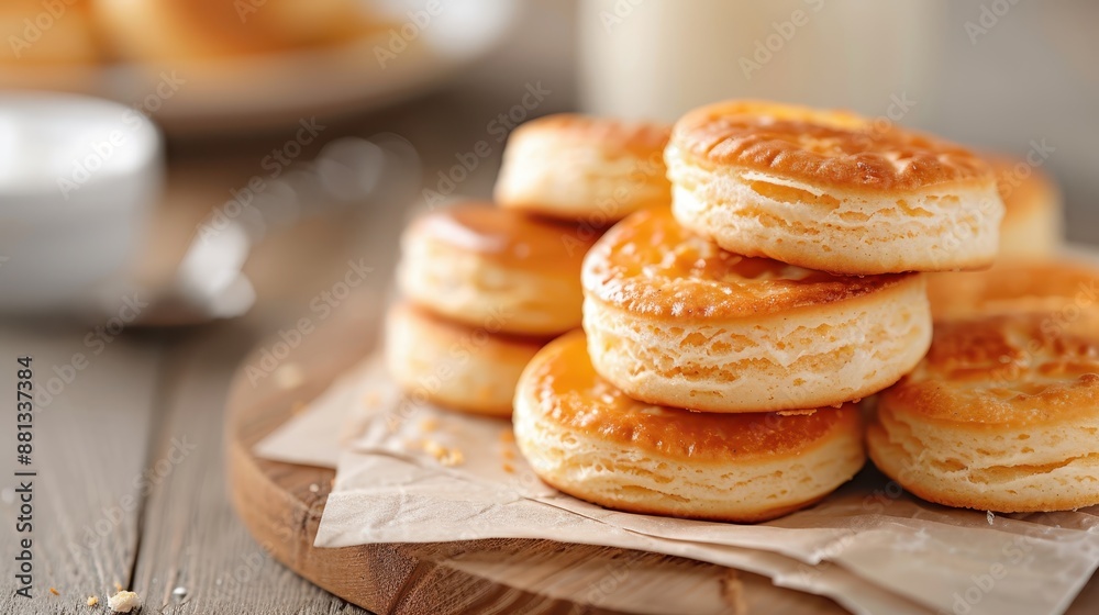 A close-up shot of beautifully baked, golden-brown biscuits stacked neatly on a wooden board against a softly focused background, showcasing their flakey texture. A close-up shot of beautifully baked, golden-brown biscuits stacked neatly on a wooden board against a softly focused background, showcasing their flakey texture.