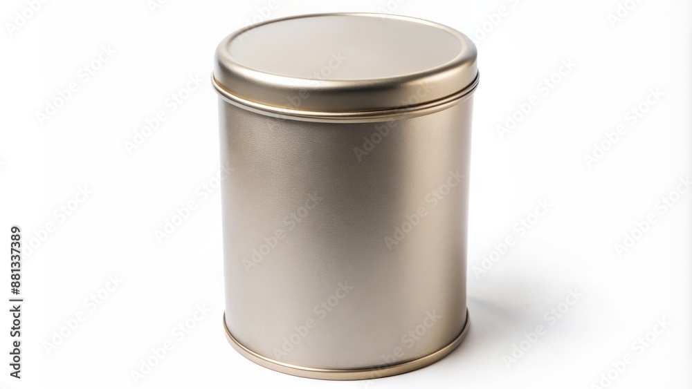 Tall round metal tin box with lid on isolated white background perfect for storing tea snacks candies or coffee items. Tall round metal tin box with lid on isolated white background perfect for storing tea snacks candies or coffee items.