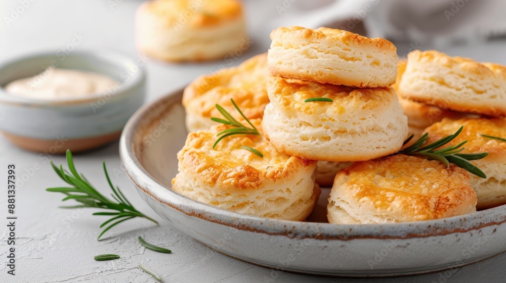 A stack of delectable biscuits garnished with sprigs of rosemary is artfully presented in a ceramic bowl, with an elegant and appetizing setup perfect for any gourmet table. A stack of delectable biscuits garnished with sprigs of rosemary is artfully presented in a ceramic bowl, with an elegant and appetizing setup perfect for any gourmet table.