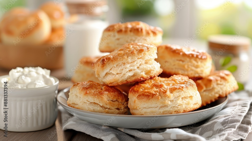 A plate of golden flaky biscuits is accompanied by a bowl of sour cream, all set on a rustic wooden table, capturing the essence of homemade baking and comfort food. A plate of golden flaky biscuits is accompanied by a bowl of sour cream, all set on a rustic wooden table, capturing the essence of homemade baking and comfort food.