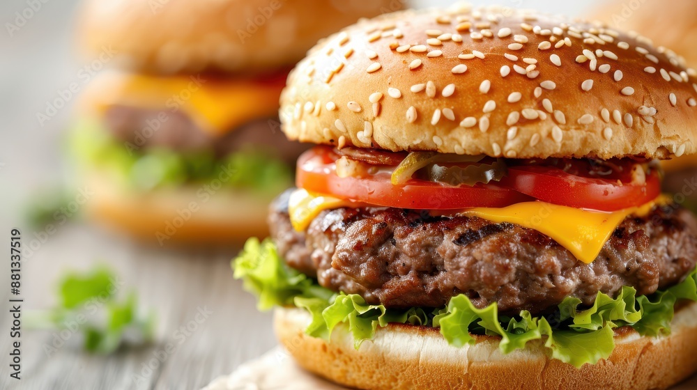 A mouth-watering cheeseburger featuring fresh vegetables and a sesame seed bun, capturing the essence of delicious, classic fast food that's sure to satisfy any craving. A mouth-watering cheeseburger featuring fresh vegetables and a sesame seed bun, capturing the essence of delicious, classic fast food that's sure to satisfy any craving.
