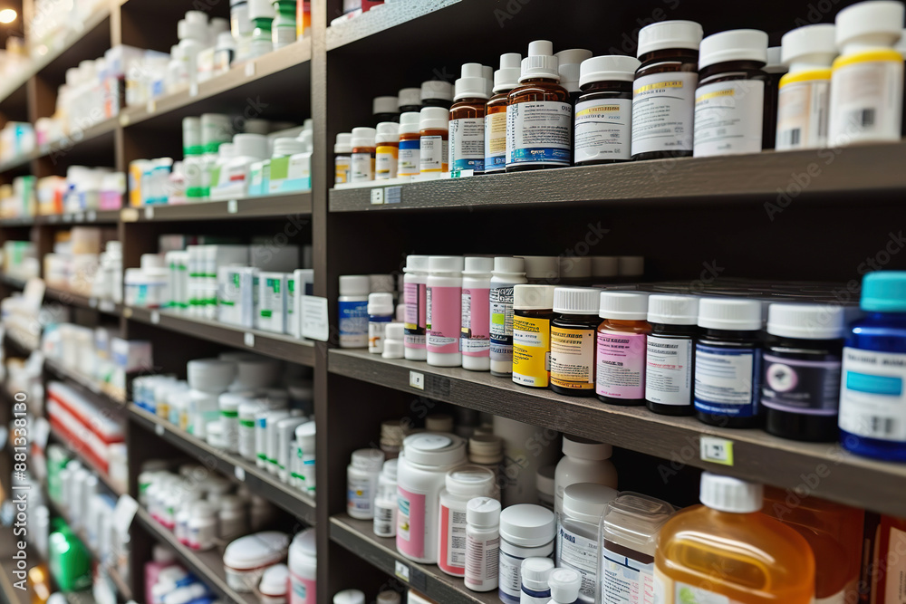 Well Stocked Pharmacy Shelves with Medication Bottles and Supplies Well Stocked Pharmacy Shelves with Medication Bottles and Supplies